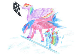 Size: 3508x2551 | Tagged: safe, artist:dawn22eagle, firefly, rainbow blaze, rainbow dash, horse, pegasus, pony, g1, g4, buzzing wings, checkered flag, colored hooves, colored pencil drawing, colored wings, colored wingtips, cute, family, female, filly, firefly as rainbow dash's mom, flag, foal, g1 to g4, generation leap, high res, male, mare, mother and child, mother and daughter, mouth hold, multicolored wings, rainbow feathers, rainbow wings, ship:fireblaze, shipping, starting line, straight, tail feathers, traditional art, trio, wings, younger