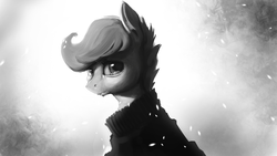 Size: 1920x1080 | Tagged: safe, artist:hierozaki, scootaloo, g4, clothes, crying, ear fluff, female, grayscale, monochrome, portrait, solo, sweater