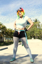 Size: 1024x1570 | Tagged: safe, artist:robinyume, rainbow dash, human, g4, belly button, cosplay, hand on hip, irl, irl human, midriff, photo, solo