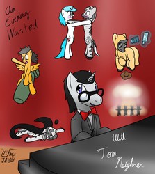 Size: 1143x1280 | Tagged: safe, artist:the-furry-railfan, oc, oc only, oc:minty candy, oc:tom neighrer, oc:twintails, pegasus, pony, unicorn, zebra, bomb, clothes, dark comedy, death, glasses, mushroom cloud, musical, musical instrument, piano, radiation suit, strangling