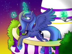 Size: 4000x3000 | Tagged: safe, artist:torment-fly, princess luna, g4, balcony, female, magic, s1 luna, solo, spread wings