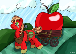 Size: 1024x724 | Tagged: safe, artist:theonesilverwind, big macintosh, earth pony, pony, g4, apple, cart, male, solo, stallion