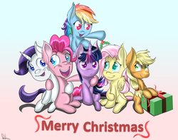 Size: 1350x1064 | Tagged: safe, artist:sintakhra, applejack, fluttershy, pinkie pie, rainbow dash, rarity, twilight sparkle, pony, g4, christmas, mane six