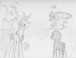 Size: 1641x1254 | Tagged: safe, artist:slash-sun-slash, princess celestia, alicorn, pony, g4, celestiadoodle, cookie clicker, crossover, female, final santa, grandmapocalypse, grandmother, mare, monochrome, monster, ponified, traditional art, video game, wrinkler