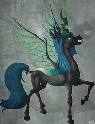 Size: 1875x2456 | Tagged: safe, artist:xonxt, queen chrysalis, changeling, changeling queen, g4, female, glowing horn, horn, semi-realistic, sharp horn, smiling