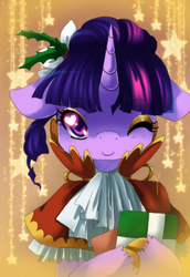 Size: 550x800 | Tagged: dead source, safe, artist:loyaldis, twilight sparkle, g4, clothes, female, heart eyes, holly, present, solo, wingding eyes, wink