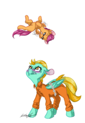 Size: 355x510 | Tagged: safe, artist:ahmonaeatchu123, lightning dust, scootaloo, pony, g4, clothes, duo, prison, prison outfit, scootaloo can fly, taunt, this will end in tears and/or death