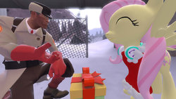 Size: 1191x670 | Tagged: safe, fluttershy, g4, christmas, crossover, medic, medic (tf2), parody, present, team fortress 2