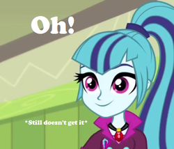 Size: 443x379 | Tagged: safe, edit, edited screencap, screencap, sonata dusk, equestria girls, g4, caption, female, image macro, reaction image, solo