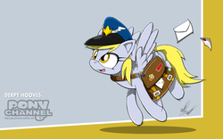 Size: 1920x1200 | Tagged: safe, artist:fuzon-s, derpy hooves, pegasus, pony, g4, crossover, cute, derpabetes, female, flying, fuzon is trying to murder us, happy, hat, letter, mail, mailbag, mailmare, mailpony, mare, muffin, pony channel, smiling, solo, sonic channel, sonic the hedgehog (series), style emulation, sweet dreams fuel, wallpaper, yuji uekawa style