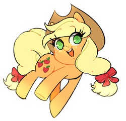 Size: 1280x1232 | Tagged: safe, artist:evino-chan, applejack, earth pony, pony, g4, bow, cute, eye clipping through hair, female, hair bow, happy, jackabetes, mare, no pupils, open mouth, solo, tail bow