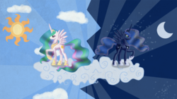 Size: 1000x560 | Tagged: safe, artist:bluefluffydinosaur, princess celestia, princess luna, friendship is magic, g4, cutie mark, scene interpretation