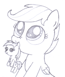 Size: 1232x1468 | Tagged: safe, artist:an-tonio, rainbow dash, scootaloo, pegasus, pony, g4, cute, cutealoo, daaaaaaaaaaaw, female, filly, foal, folded wings, grayscale, looking up, monochrome, mouth hold, plushie, rainbow dash plushie, scrunchy face, simple background, solo, traditional art, white background, wings