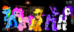 Size: 1024x449 | Tagged: safe, applejack, pinkie pie, rainbow dash, rarity, twilight sparkle, alicorn, pony, robot, robot pony, five nights at aj's, g4, animatronic, applefreddy, chica pie, female, five nights at freddy's, foxy dash, mare, pinkica pie, pinkie chica pie, twibon, twilight sparkle (alicorn)