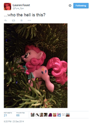 Size: 405x560 | Tagged: safe, pinkie pie, g4, female, lauren faust, solo, text, tinsel, twitter