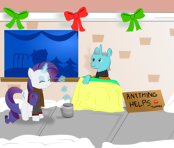 Size: 1060x900 | Tagged: safe, artist:pacificgreen, rarity, g4, bits, can, christmas, display case, generosity, giving, hobo, homeless, snow, winter