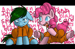 Size: 2000x1294 | Tagged: safe, artist:doomcakes, pinkie pie, oc, oc:wozzy, g4, clothes, prison outfit, prisoner pp, shackles
