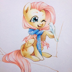 Size: 1280x1280 | Tagged: safe, artist:chakanyuantu, fluttershy, bird, g4, clothes, scarf, traditional art, wink