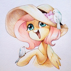Size: 1280x1280 | Tagged: safe, artist:chakanyuantu, fluttershy, bird, g4, happy, hat, traditional art