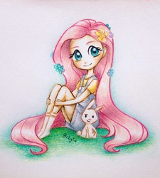 Size: 1151x1280 | Tagged: safe, artist:chakanyuantu, angel bunny, fluttershy, human, g4, humanized, traditional art