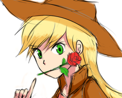 Size: 500x400 | Tagged: safe, artist:luciferamon, applejack, human, bust, clothes, cowboy hat, female, flower, flower in mouth, hat, humanized, jacket, looking at you, mouth hold, portrait, rose, rose in mouth, solo, stetson