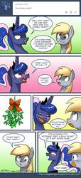 Size: 650x1429 | Tagged: safe, artist:johnjoseco, derpy hooves, princess luna, pegasus, pony, ask gaming princess luna, gamer luna, g4, alternate hairstyle, blushing, comic, female, mare, mistletoe, ponytail