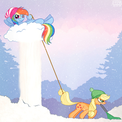 Size: 4000x4000 | Tagged: dead source, safe, artist:inkypsycho, applejack, rainbow dash, earth pony, pegasus, pony, g4, annoyed, cleaning, female, freckles, hat, looking at you, lying down, mare, on back, rope, smiling, snow, snowfall, trolling, walking, winter