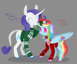 Size: 1280x1063 | Tagged: safe, artist:jellybeanbullet, rainbow dash, rarity, classical unicorn, g4, christmas, clothes, eyes closed, female, floppy ears, horn, leonine tail, lesbian, messy mane, petting, ship:raridash, shipping, smiling, sweater, wavy mouth
