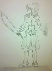 Size: 769x1039 | Tagged: safe, artist:saielthepony, princess luna, g4, crossover, dynasty warriors, female, monochrome, solo, sword, traditional art