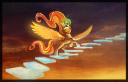 Size: 1600x1021 | Tagged: safe, artist:cosmicunicorn, sunset shimmer, alicorn, pony, g4, alicornified, crying, female, race swap, shimmercorn, solo, stairs, sunset