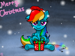 Size: 2048x1536 | Tagged: safe, artist:meirei, rainbow dash, g4, christmas lights, female, hat, pixiv, present, santa hat, solo, underhoof