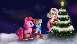 Size: 2620x1500 | Tagged: safe, artist:divlight, fluttershy, pinkie pie, rainbow dash, g4, candy cane, christmas tree, clothes, socks, tree