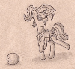 Size: 950x882 | Tagged: safe, artist:ikariuga, allie way, pony, unicorn, g4, bowling ball, monochrome, solo, traditional art