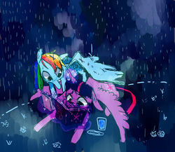 Size: 1280x1113 | Tagged: safe, artist:pizzakladd, rainbow dash, twilight sparkle, alicorn, pony, g4, book, female, lesbian, mare, rain, ship:twidash, shipping, twilight sparkle (alicorn)