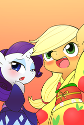 Size: 1024x1515 | Tagged: safe, artist:yajima, applejack, rarity, g4, female, kimono (clothing), lesbian, ship:rarijack, shipping