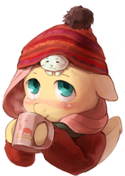Size: 552x777 | Tagged: safe, artist:audrarius, angel bunny, fluttershy, g4, clothes, cute, hat, hot chocolate, scarf, shyabetes