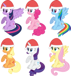 Size: 8000x8566 | Tagged: safe, artist:starlessnight22, applejack, fluttershy, pinkie pie, rainbow dash, rarity, twilight sparkle, alicorn, pony, g4, absurd resolution, christmas, female, hat, mane six, mare, raised hoof, santa hat, scrunchy face, twilight sparkle (alicorn)