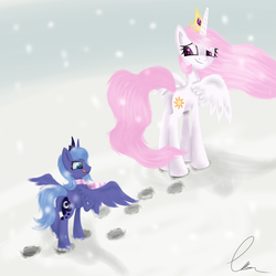 Size: 1024x1024 | Tagged: dead source, safe, artist:gracieek, princess celestia, princess luna, g4, filly, hoofprints, looking back, sisters, smiling, snow, snowfall, spread wings, tongue out, woona