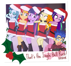 Size: 1300x1200 | Tagged: safe, artist:dm29, adagio dazzle, aria blaze, flash sentry, sonata dusk, sunset shimmer, twilight sparkle, equestria girls, g4, my little pony equestria girls: rainbow rocks, bare shoulders, christmas, clothes, dazed, hearth's warming, holly, kiss mark, mean girls, santa costume, sleeveless, strapless, the dazzlings, twilight sparkle (alicorn)