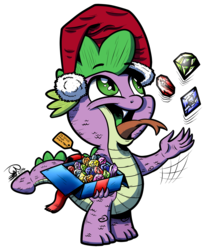 Size: 1887x2298 | Tagged: safe, artist:gray--day, spike, g4, gem, hat, jewels, male, open mouth, santa hat, solo, tongue out