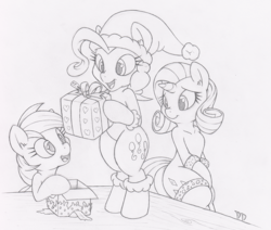 Size: 1000x848 | Tagged: safe, artist:dfectivedvice, pinkie pie, rainbow dash, rarity, pony, g4, bipedal, clothes, grayscale, hat, monochrome, present, santa hat, socks, traditional art