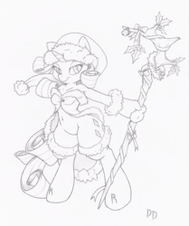 Size: 837x1000 | Tagged: safe, artist:dfectivedvice, rarity, anthro, g4, belly button, clothes, female, gloves, grayscale, hat, monochrome, sketch, solo, traditional art