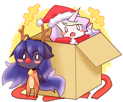 Size: 1200x1000 | Tagged: safe, artist:gyaheung, princess celestia, princess luna, alicorn, pony, g4, antlers, bipedal, blush sticker, blushing, box, chibi, clothes, costume, cute, duo, floppy ears, hat, open mouth, pony in a box, red nose, reindeer antlers, santa costume, santa hat, spread wings