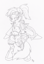 Size: 684x1000 | Tagged: safe, artist:dfectivedvice, rainbow dash, anthro, g4, belly button, belt, boots, female, grayscale, midriff, monochrome, sketch, solo, sunglasses, traditional art
