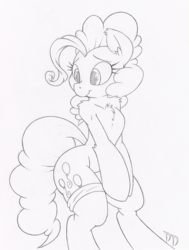 Size: 757x1000 | Tagged: safe, artist:dfectivedvice, pinkie pie, earth pony, pony, semi-anthro, g4, arm hooves, bipedal, clothes, female, grayscale, monochrome, sketch, socks, solo, thigh highs, traditional art