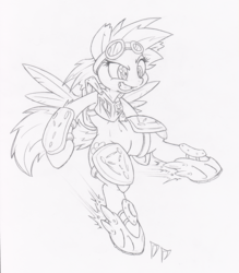 Size: 874x1000 | Tagged: safe, artist:dfectivedvice, rainbow dash, pegasus, pony, g4, belly button, bipedal, female, goggles, grayscale, mare, monochrome, rocket boots, simple background, sketch, solo, sunglasses, traditional art, white background
