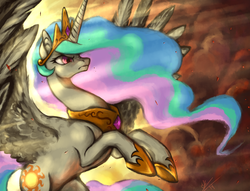 Size: 2100x1603 | Tagged: safe, artist:trazodoned, princess celestia, alicorn, pony, g4, angry, badass, crown, female, fire, frown, hoof shoes, jewelry, mare, peytral, rearing, regalia, smoke, solo, spread wings, sun