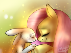 Size: 1024x768 | Tagged: safe, artist:rflzqt, angel bunny, fluttershy, g4, boop, eyes closed