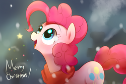 Size: 1500x1000 | Tagged: safe, artist:sion-ara, pinkie pie, g4, clothes, female, scarf, snow, snowfall, solo, winter