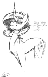 Size: 646x1035 | Tagged: safe, artist:thealmightydove, sunset shimmer, pony, unicorn, g4, eyes closed, female, monochrome, sketch, solo